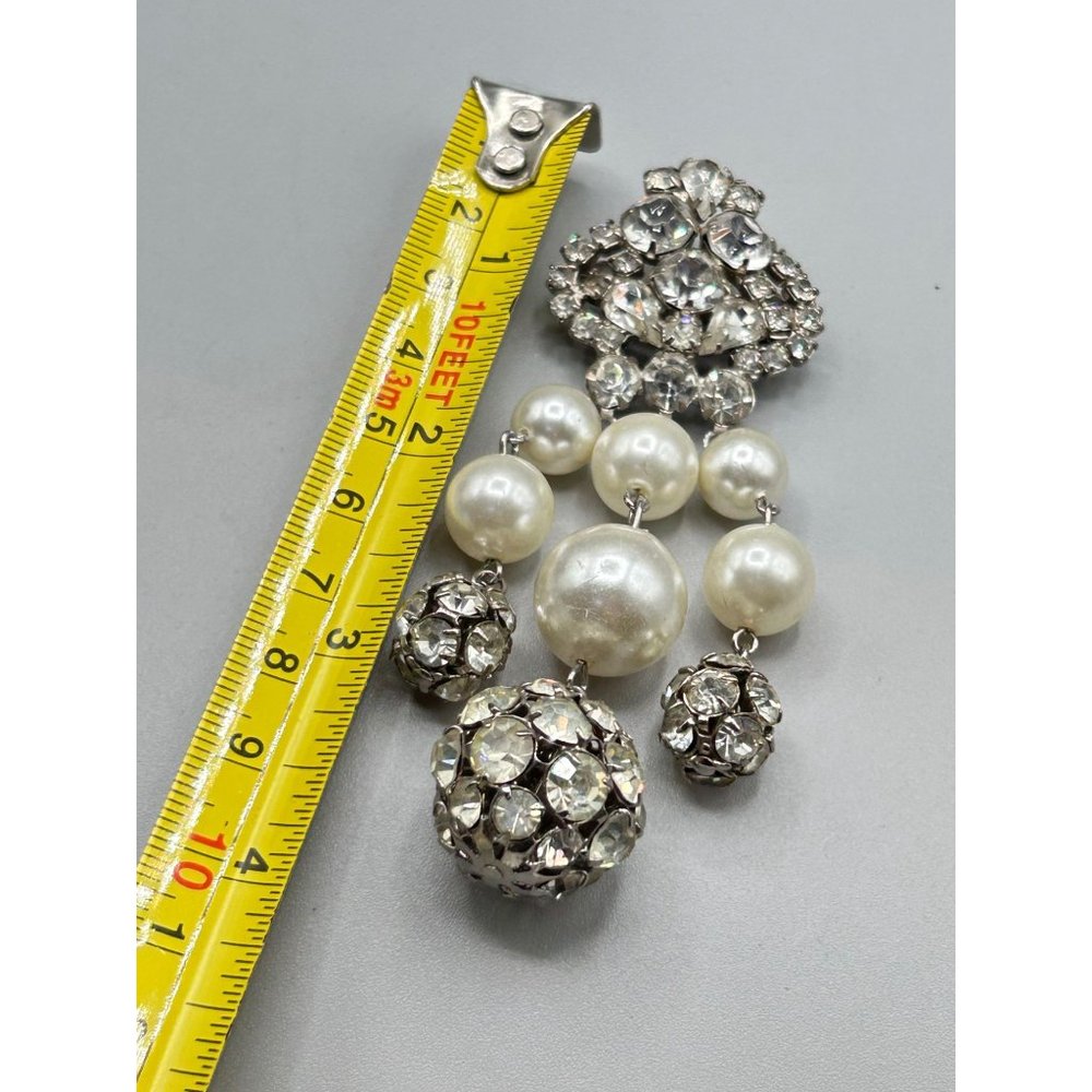 Vintage Rhinestone & Pearls Pin Brooch Clear Glass Stones Long Dangles Statement - Picture 6 of 6